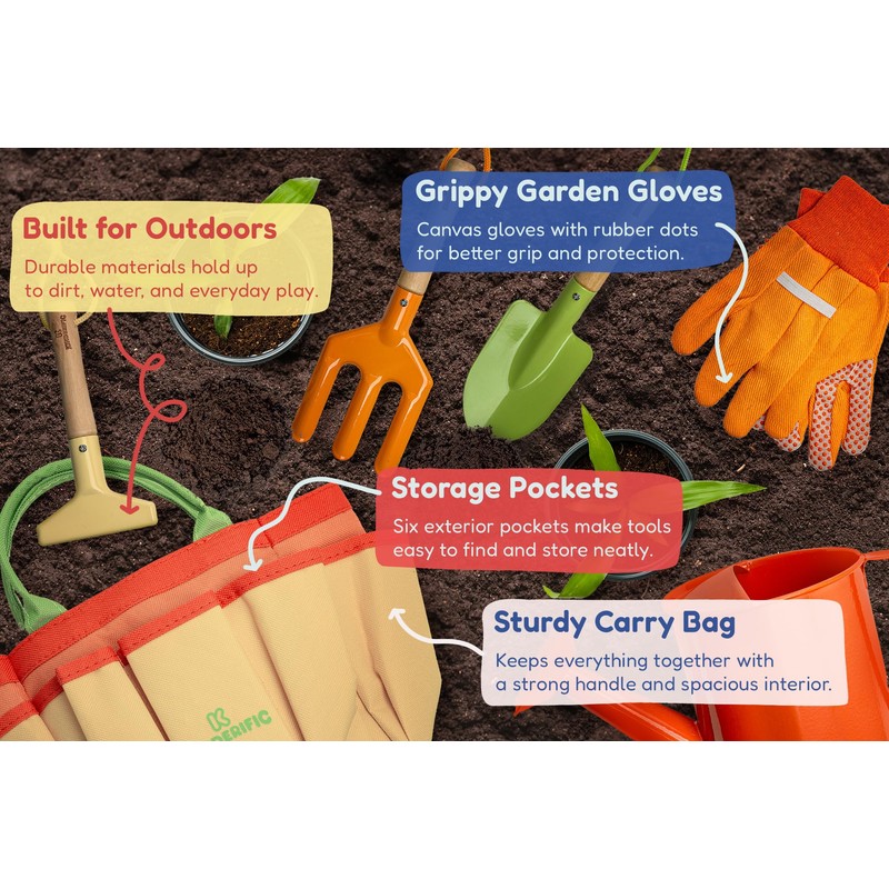 Kinderific Gardening Set, Tool Kit, for Kids, STEM, Includes Tote