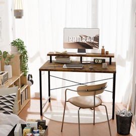 Pamray 32 Inch Small Computer Desk with Monitor Stand, Simple Office Desk with Headphone Hook for Small Spaces, Kids Study Writing Table for Bedroom, Vintage