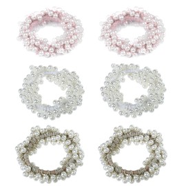 LEEQBCR Pack of 6 Beads Hair Scrunchie Bracelet Beads Elastic Hair Rope Pearl Hair Scrunchie for Girls Ladies Children - White Pink Champagne