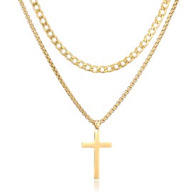 HSWYFCJY Cross Chain Men's Necklace Silver/Gold/Black Stainless Steel Cross Chain Long 50/55/60 cm Cuban Chain Layered Cross Necklace Birthday Christian Jewellery Gifts for Men, Stainless Steel