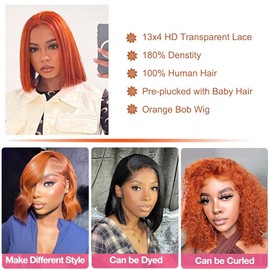 Orange Lace Front Wigs Bob Wig 13x4 Frontal Glueless Wigs Human Hair Pre Plucked, Color #350 Bob Orange Wig HD Lace Front Wigs Human Hair Wigs For Women 180% Density 10 Inch