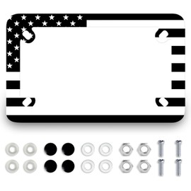 Black White American Flag Motorcycle License Plate Frame Stainless Steel Flag Black Tag Holder 4 Holes Men Women Motorcycle Accessory with Screws Nut Caps 7.7"x4.5"for Bike Motorcycle