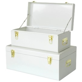 Vixdonos Metal Trunk Decorative Storage Box Set of 2 College Dorm Chest with Handle (White)