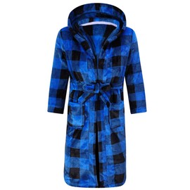 RUOGU Kids Bathrobe Hooded Plush Fleece Robe for Girls Boys Blue black plaid 7-8 Years