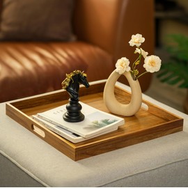 Hanobe Ottoman Tray for Table Top: Wood Decorative Tray for Home Decor - Large Coffee Table Serving Tray with Handles for Living Room