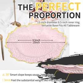 10 Pcs Clear Charger Plates 13 Inch Hammered Pink Plastic Charger Plates with Gold Rim, Transparent Pink Chargers for Dinner Plate, Stone Texture Plate Round Chargers for Wedding Party, Event
