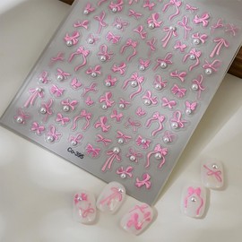 5D Embossed Bow Nail Stickers Pink Bow Nail Art Stickers with Pearl Designs Self-Adhesive Cute Nail Decals Bowknot Ribbon Manicure Supplies for Women Girls 1 Sheets