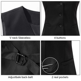 Gowjog Women's Vest Suit Vest Lined Button Up V-Neck Tuxedo Vintage Jacket Dressy Sleeveless Vests, black