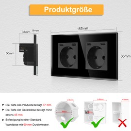 CNBINGO Double Socket with 4 x Type C (USB Port 20 W Quick Charge) - Double Glass Schuko Socket Flush-Mounted - Black Wall Socket with Child Lock
