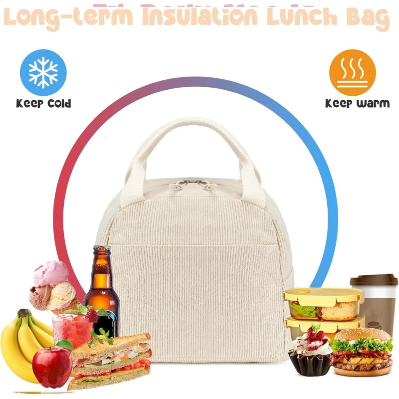 Bluboon Beige Corduroy Insulated Lunch Bag Spacious Lightweight Cooler Tote