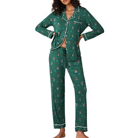 Ekouaer Pajamas Women's Long Sleeve Sleepwear Soft Button Down Loungewear Pjs Lounge Set Nightwear,Christmas Green with Elk,X-Large