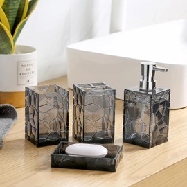 Clear Acrylic Bathroom Accessories Set - Rust-Free, Transparent Design - Includes Soap Dispenser, Toothbrush Holder, Cup, Soap Dish, and Toilet Brush 5-Piece (Grey)