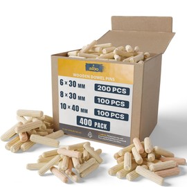 ALBO Wooden Dowel Pins 400 Pack Assorted Sizes 6х30 / 8х30 / 10х40mm, Fluted Wood Dowels Rods Hardwood Crafts Dowel Pegs