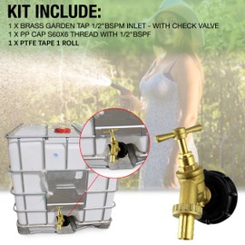 IBC Tank Adapter Hose Connector – S60X6 Brass Garden Tap with Check Valve with 1/2" Hose Fitting Pack – Heavy Duty Coarse Thread PTFE Tape Included – Easy Installation. Set by MYPURECORE