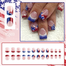 4th of July Press on Nails Short Square Fake Nail with Star Stripe Designs Independence Day Red Blue Glitter French Tip False Nails Acrylic Stick on Nail Patriotic Artificial Glue on Nail for Women