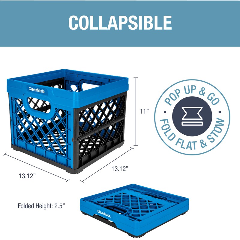 CleverMade Collapsible Milk Crate, Neptune Blue, 3PK - 25L (6