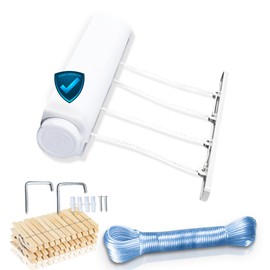 Vitalif® Extendable Wall Clothes Airer with 4 Ropes of 3.2 m, 1 Pack of Tongs and 20 m Extra Rope for Outdoor Use, Reinforced Steel Wire, Retractable Clothesline (1)