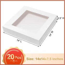 Mefleet 20Pcs 14x14x2.5 Bakery Boxes with Window Pie Boxes for Pastry Baking Cake, Cupcakes, Donuts, Cookies, Muffins Treat Packaging White Large Square