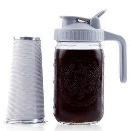 GMSWEET Cold Brew Coffee Maker 32 Oz Mason Jar Cold Brew Pitcher With Strainer 1 Quart Wide Mouth Glass Iced Coffee Maker With Spout Lids Glass Pitcher For Fridge, Sun Tea, Lemonade, Cold Brew