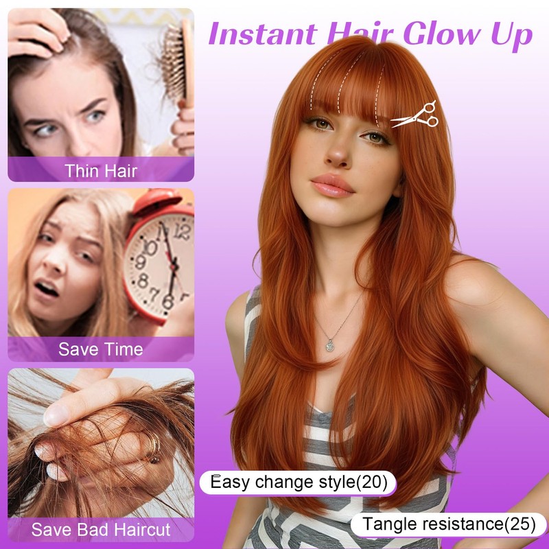 Long Layered Ginger Wig with Bangs Straight Synthetic Wig for