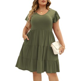 Celkuser Womens Plus Size Casual Summer Dresses Ruffle Sleeve Tiered Swing Midi Dress with Pockets(cel137,20,Olive)