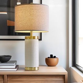 USumkky 24.5" Modern Ceramic White Bedside Lamp for Bedroom Decor Farmhouse Table Lamp for Living Room Office Dorm