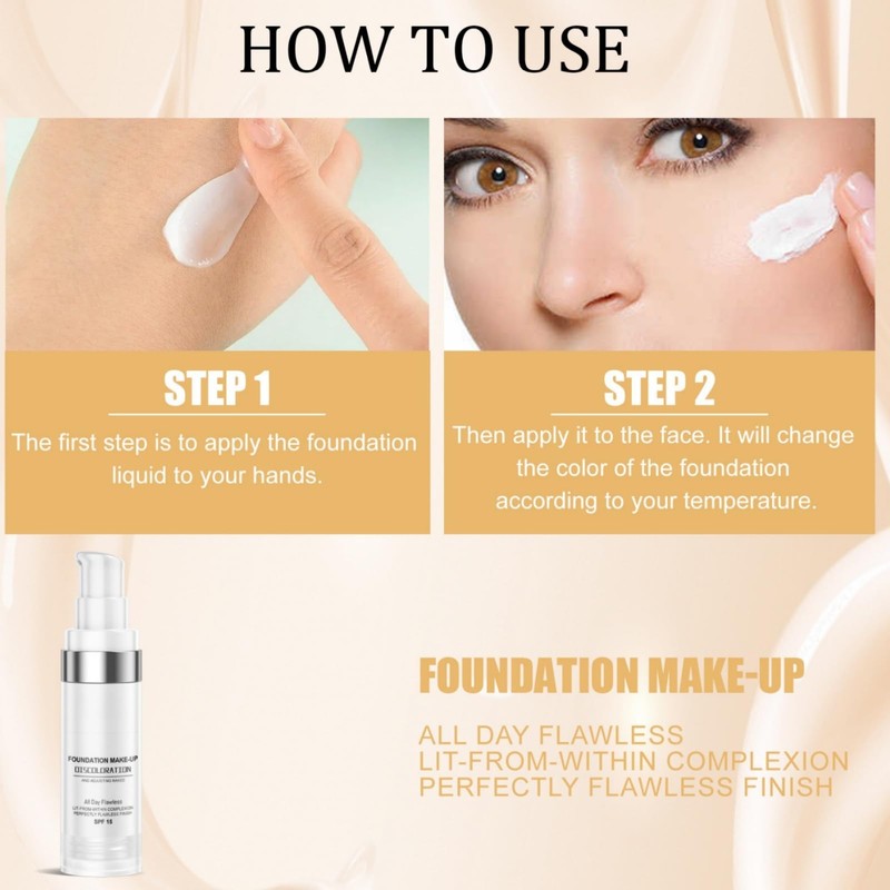 Foundation Color Changing,Flawless Colour Changing Warm Skin Tone Foundation,Liquid Foundation,Founda-tion
