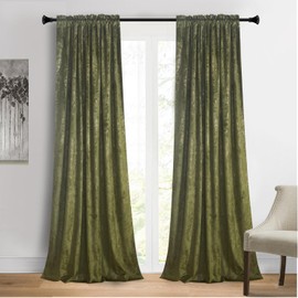 Roslynwood Luxury Gold Foil Print Moss Green Velvet Curtains 96 inches Long Rod Pocket Thermal Insulated Blackout Window Drapes for Living Room/Bedroom/Dining Room, W52 x L96, 2 Pcs
