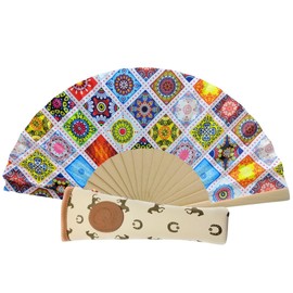 Folding Fan with Cover, Bamboo and Fabric Fan with Patterned Drawing. with Fan Cover Made in Spain (Mediterranean Light)