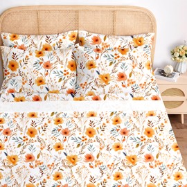 BYSURE Queen Sheet Set 6 Pieces (Orange Floral), Cottage Core Botanical Patterned Sheets, Victorian Flower Microfiber Bedding Decor
