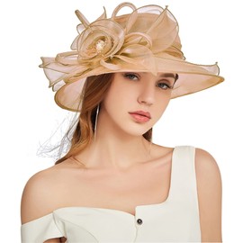 TLMNU Organza Fascinator Hat - Women’s Wide Brim Church Bridal Tea Party Wedding Hat 03Golden