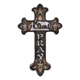 Ebros Gift Western Kneeling Cowboy With Horse In Solemn Prayer At The Foot Of The Cross Pray Fleur De Lis Wall Cross Plaque Inspirational Country Decor Sculpture