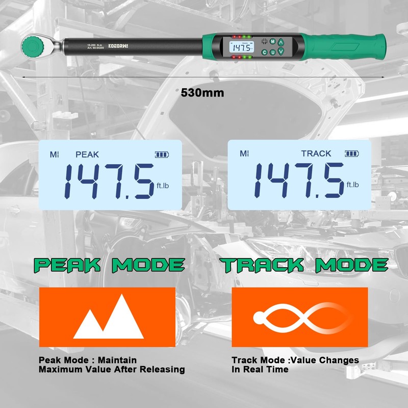 KOEORWS 1/2 Inch Drive Digital Torque Wrench, 7.38-147.5Ft.lb/10-200N.m, Long Electronic