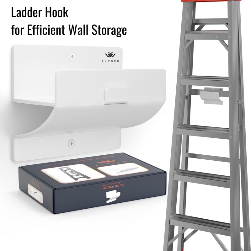 White Ladder Hooks for Garage Wall - Step Ladder Holder