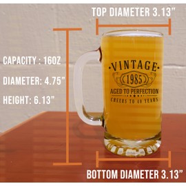 Vintage 1985 Black Printed 16oz Glass Beer Mug Stein – Happy 40th Birthday Gifts Men Women, Cheers to 40 Years, Turning 40 Man Decoration Decor, Anniversary Bday Party Favors, Gift Idea Him 1.0