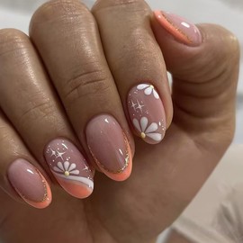 French Tip Press on Nails Short Almond Fake Nails Orange False Nails Tips Flower Acrylic Nails with Glitter and Star Designs Cute Spring Artificial Stick on Nails for Women Girls 24Pcs