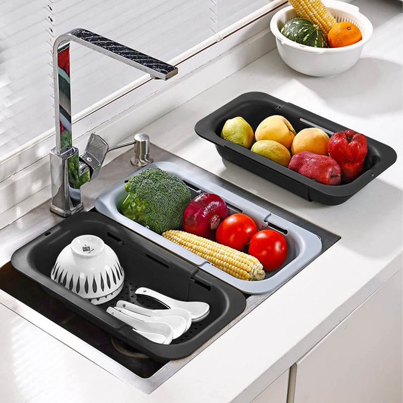 Fousenuk Extendable Strainer Basket Over the Sink, Black, Strainer for