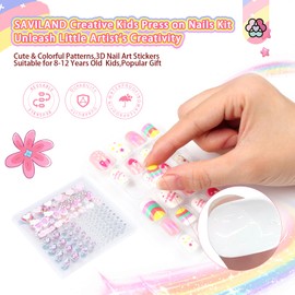 SAVILAND Creative Press on Nails for Kids: 6 Pack Children Fake Nails with 3D Stickers for 8-12 Years Girls Gifts Pre-Glue Full Cover Short Acrylic Nails Artificial False Nail Tips Nail Art Decoration