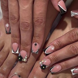 24 Pcs Press On Nails Short Square,YEFIUO 3D Flowers Charms Fake Nails Press ons French Nail Art Tips Acrylic Nail Kit Glue on Nails Full Cover False Nails with Rhinestones Glitter Design for Women