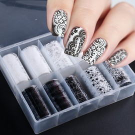 XEAOHESY 10 Rolls Lace Nail Art Foil Transfer Sticker Kit Black White Flower Foil Transfers Decals Nail Art Sticker Lace Flowers Nail Transfer Stickers Sheets Foil Nail Wraps