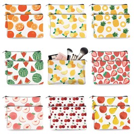 DOODLREAM 16Pcs Canvas Fruits Makeup Bag, 9.06" x 5.9" Oranges Lemons Pineapples Cosmetic Bags Travel Organizer Portable Accessories with Zipper, Toiletry Large Capacity, Purse Organizer Pouches