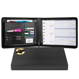 Inkline 7 Ring Check Binder Portfolio -Professional PU Leather Binder with Zippered Closure -500 Check Capacity -9x13 Inch Sheets -Document & Card Organizer - Large Tablet Pocket - Black (80001)