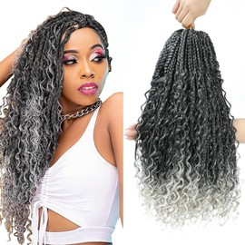 Boho Box Braids Crochet Hair with Curly Hair Pre Loop Long Black Messy Goddess Box Braids Hair Extensions for Black Women (50.8 cm (Pack of 8), 1B/Silver#)