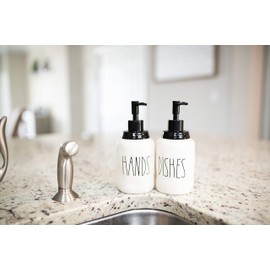 Cam n Honey Modern Farmhouse Style Ceramic Dishes and Hands Liquid Soap Dispenser Set – Perfect for Kitchen Counter Décor (14oz, White Bottles and New Stainless Steel Black Pump and Lettering)