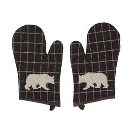 VHC Brands Cotton Oven Mitt Set of 2, Appliqued, Heat Resistant, Baking Glove Pot Holder, Kitchen Mitts, Wyatt Collection, 12.5x8, Espresso