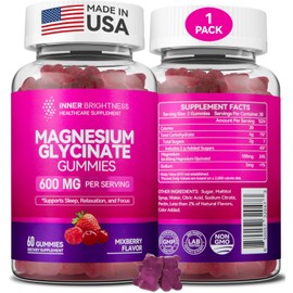 Magnesium Glycinate Gummies 600mg, Non-GMO, Gluten-Free, Magnesium Gummies for Adults & Kids, Sleep, Relaxation & Focus, Mixed Berry Flavor, 60 Count