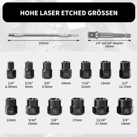 15-Piece 3/8 Inch Screw Extractor Nut Remover Set, with 200 mm Flexible Shaft, 6.35-19 mm Nut Screw Extractor Set, 1/4 Inch to 3/8 Inch Drive Adapter, Wheel Nut Remover Set