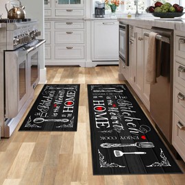 AmaAccess Farmhouse Kitchen Rug 2 Piece Set, Black and White Rustic Kitchen Decor Rugs, Non-Slip, Absorbent, Washable Floor Mats, Home Indoor Runner Carpet (Black, 17x30+17x47 Inches)