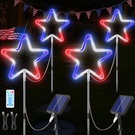 4th of July Decorations Red White and Blue Lights, 4PCS Big Neon Star Pathway Lights Solar Garden Lights Outdoor with Timer& Remote for Independence Day Memorial Day Wedding Christmas Party Patio