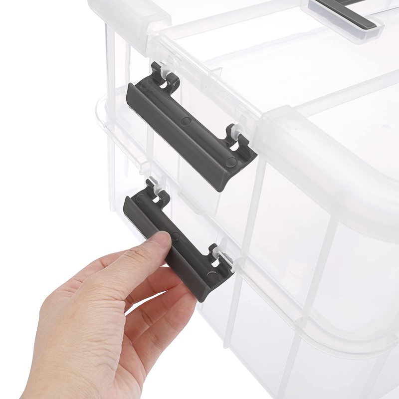 JUXYES 2-Tiers Stack Carry Storage Box With Handle, Transparent Stackable